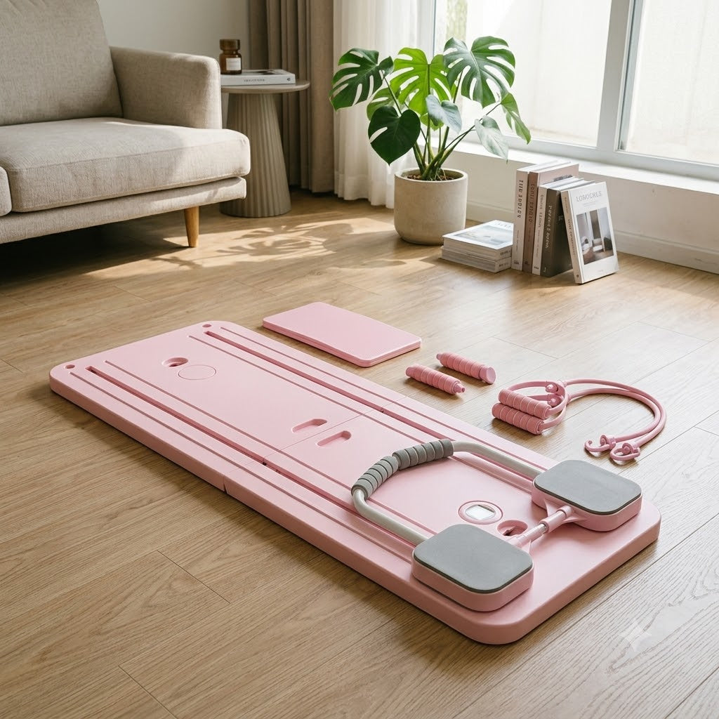 Planche de Pilates pliable Lyvae rose dépliée avec accessoires — Pack Complet