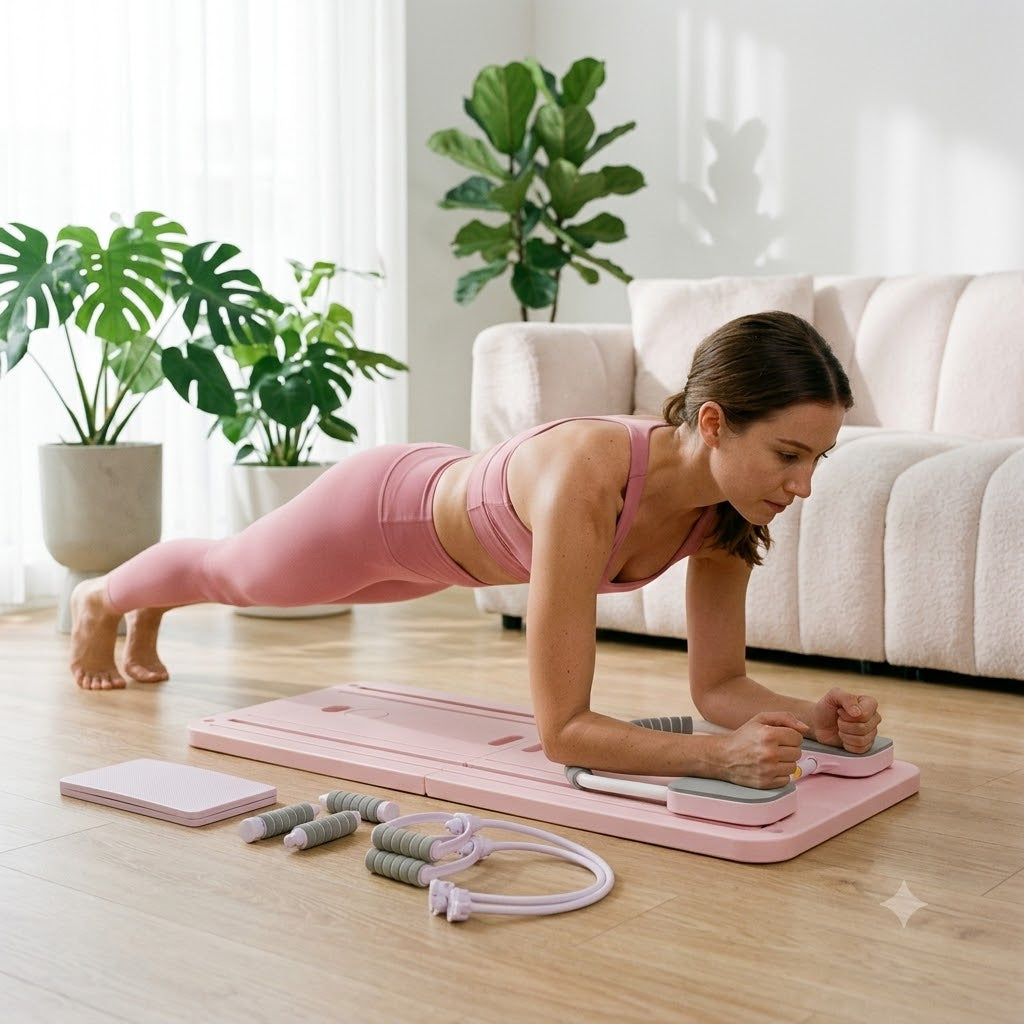 Femme en gainage sur la planche de Pilates Lyvae rose, accessoires posés à côté
