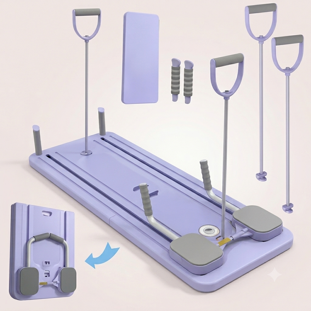 Planche de Pilates pliable Lyvae dépliée avec élastiques et accessoires inclus