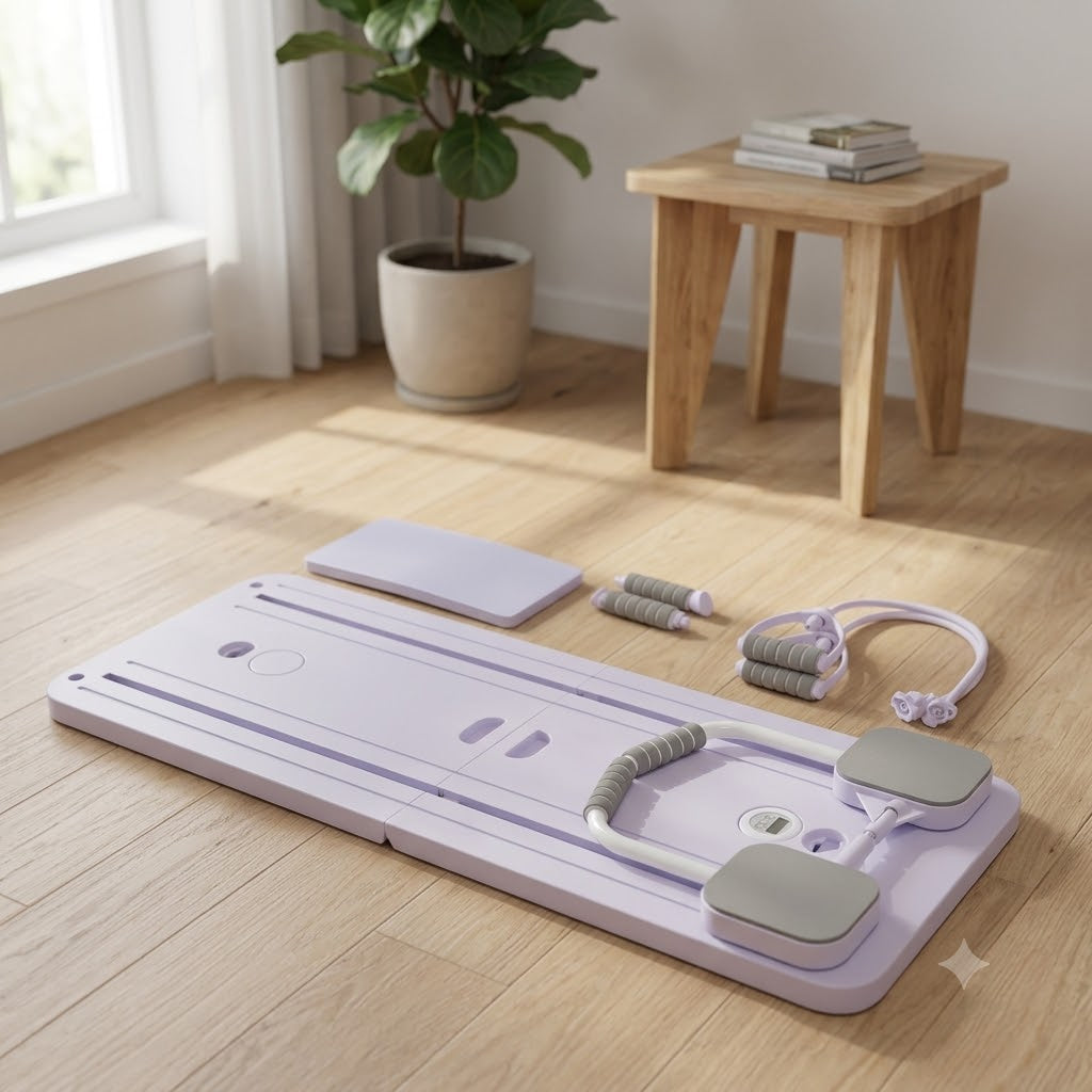 Planche de Pilates Lyvae lavande dépliée avec ses accessoires inclus : élastiques, anneau et coussin