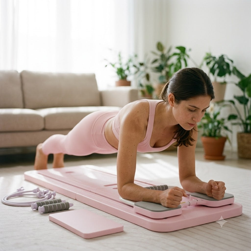 Femme en planche sur la planche de Pilates Lyvae rose avec poignées de pompes