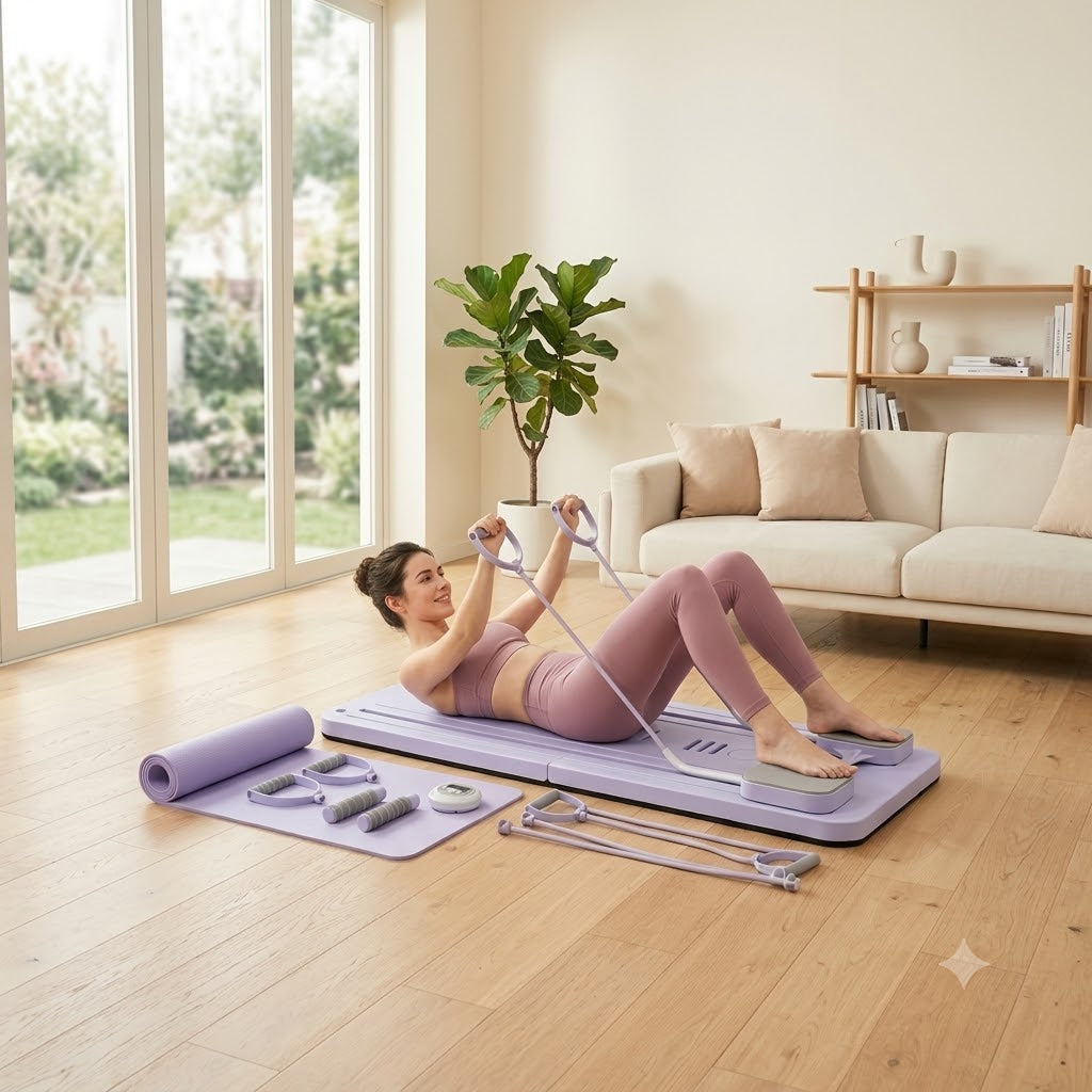 Femme s'entraînant avec la planche de Pilates Lyvae à la maison