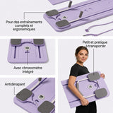Caractéristiques de la planche de Pilates Lyvae mauve : chronomètre intégré, surface antidérapante, transport facile
